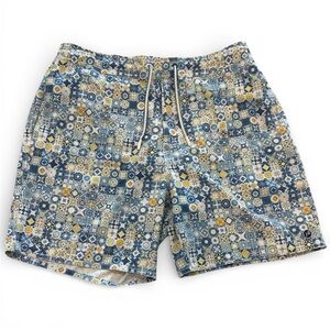 Johnnie-O Men's Mosaic Patterned Drawstring Swim Shorts - Blue and Yellow L